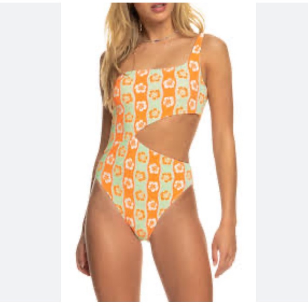 Roxy Wavy Babe Orange One-Shoulder Bikini Top with Mint Floral Trim